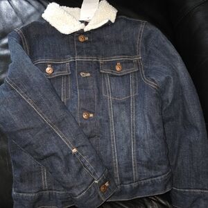 H&M Button Down Plaid Lined Blue Denim Fur Trim Jean Jacket Youth Size 8-9 Y